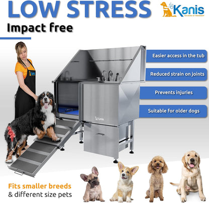 KANIS Professional Dog Washing Station - 304 Stainless Steel Pet Wash Sink & Grooming Bath Tub for Home with Ramp, Shower, Floor Grate, Storage Drawer, Faucet, Drain Kit for Large, Medium & Small Pets