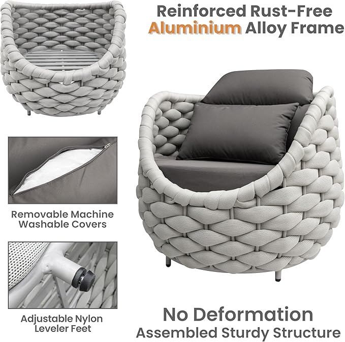 Erotr Aluminum Patio Furniture Set: 4 Pieces Woven Rope Outdoor Conversation Sofa Set Assembled - Modern Cushioned Armchair Couch Set for 660lbs Porch Deck Backyard Poolside Garden Drawing Room Hotel