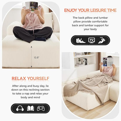 103'' Boneless Corduroy L Shaped Couch, 3 Seat Modular Sectional Deep Seat Sofa with Chaise Lounge, No Assembly Cloud Lounge Sleeper Sofa, White