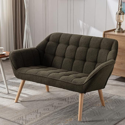 QUINJAY 48" Small Loveseat Sofa, Modern Sherpa Mini Sofa Couch 2-Seater Fluffy Love Seat with Quilting Backs and Wood Legs for Living Room, Bedroom and Small Space, Green