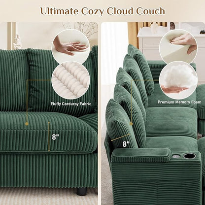 110" W x 60" D U Shape Sectional Sofa with USB Charging & Cup Holder & Storage, 5 Seater Plush Corduroy Couches with Movable Ottoman, Cloud Couch Sofas for Living Room, DIY Combination - Green