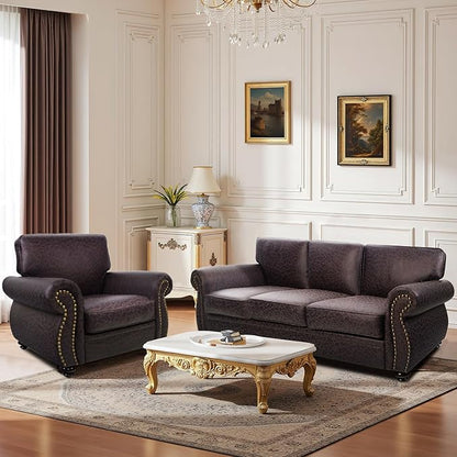 Couchus Mid-Century Vintage Sofa Couches with Rivet Design,3-Seater Sofa,Removable Sofa Cover Upholstered Cushions and Solid Wood Frame (Brown, 3-Seater)