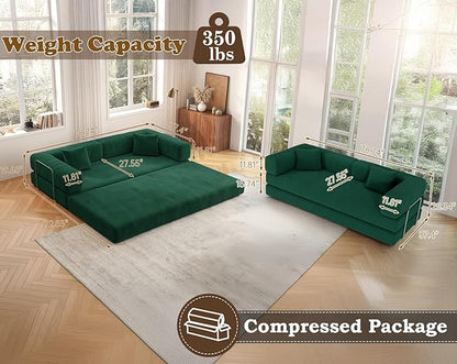 Antetek Convertible Futon Sofa Bed, 3-Seater Modern Corduroy Foam Floor King Size Bed Fold Out Sleeper Lounge Loveseat Sofa Couch with 2 Throw Pillows for Living Room Bedroom Guest Room, Turquoise