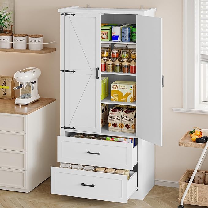 Pantry Organizers and Storage Cabinet, 71” Barn Door White Kitchen Cabinet