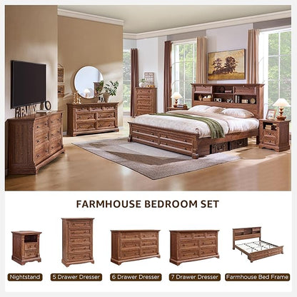 Farmhouse King Size Bed Frame with 54" Tall Headboard, Headboard with 4 Storage Rack, 2 Drawers, Wood Platform Bed Frame,18" Roman Column Decoration Footboard, No Box Spring Needed(Reclaimed Barnwood)