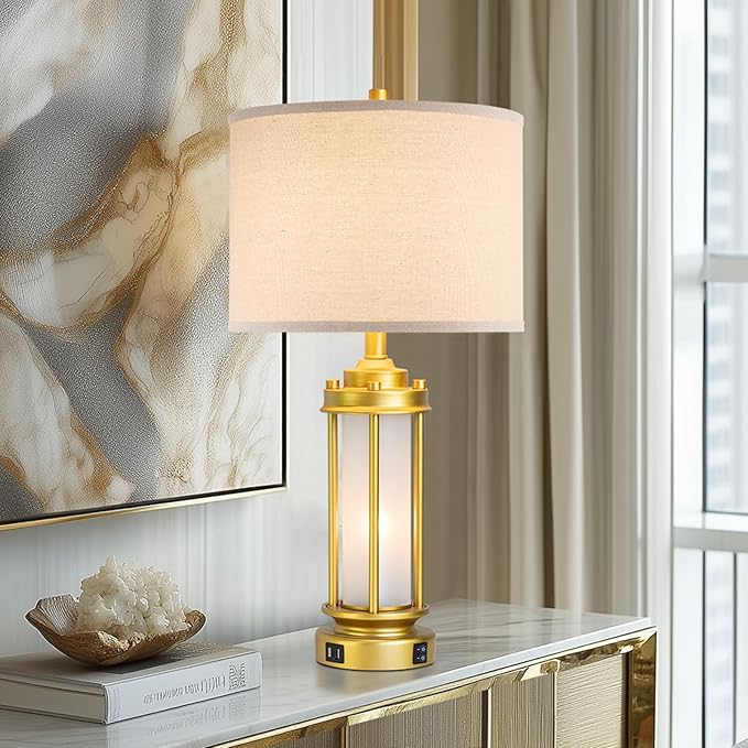 Set of 2 Modern Table Lamps for Living Room, Farmhouse Vintage Bedside Lamp with 2 USB Ports Glass Nightlight, Gold Nightstand Desk Lamps for Entryway Bedroom Dresser, 4 Bulbs Included