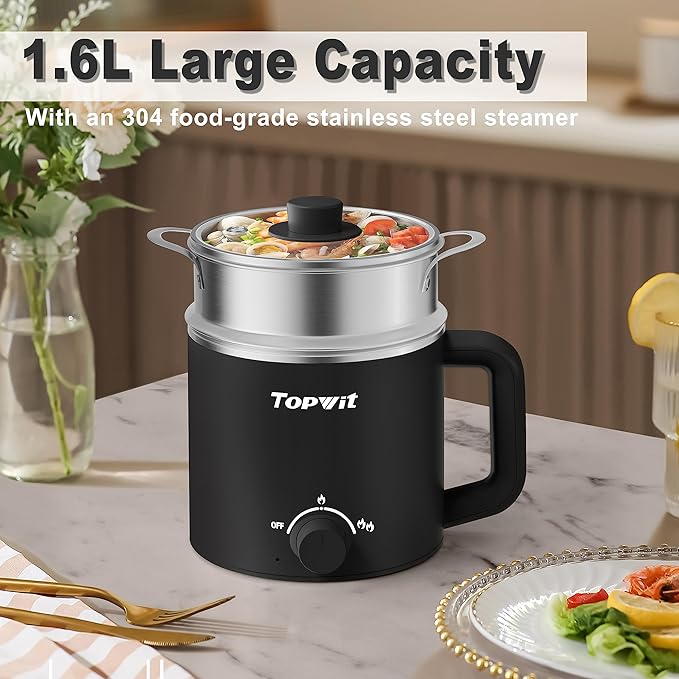 Topwit Hot Pot Electric with Steamer, 1.6L Ramen Cooker, Electric Pot