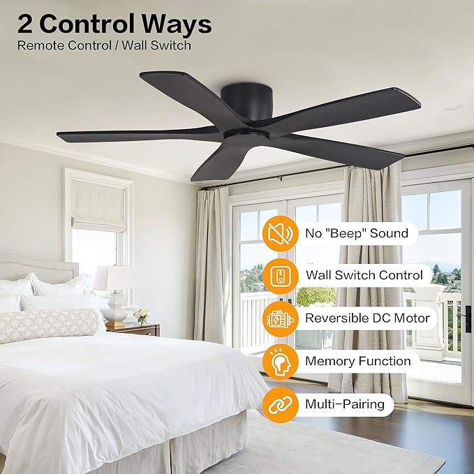 WINGBO 54" Flush Mount DC Ceiling Fans Without Lights, 5 Carved Solid Wood