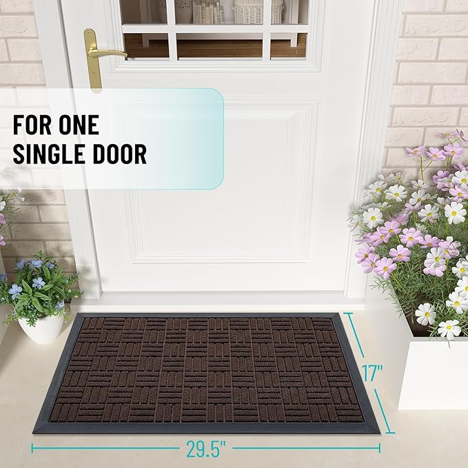 OLANLY Front Door Mat Outside Entrance 29.5x17, Absorbent, Heavy Duty Sturdy Natural Rubber Doormat Indoor Outdoor, Stain and Fade Resistant, Non-Slip Backing Low Profile Floor Mat for Entryway, Brown