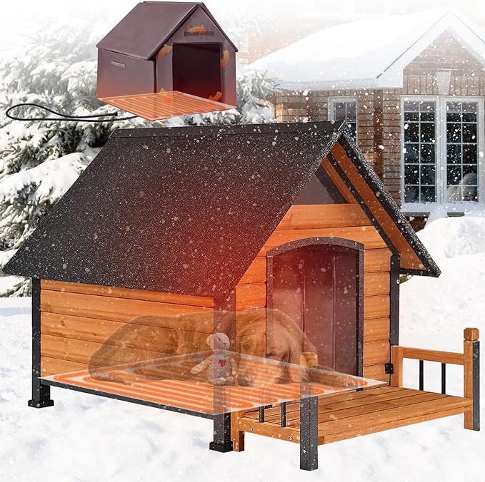 Insulated Dog House with Heating Pad, Weatherproof Outdoor Kennel for Large Dogs, Chew-Resistant Iron Frame & Asphalt Roof (Wood-H, L)