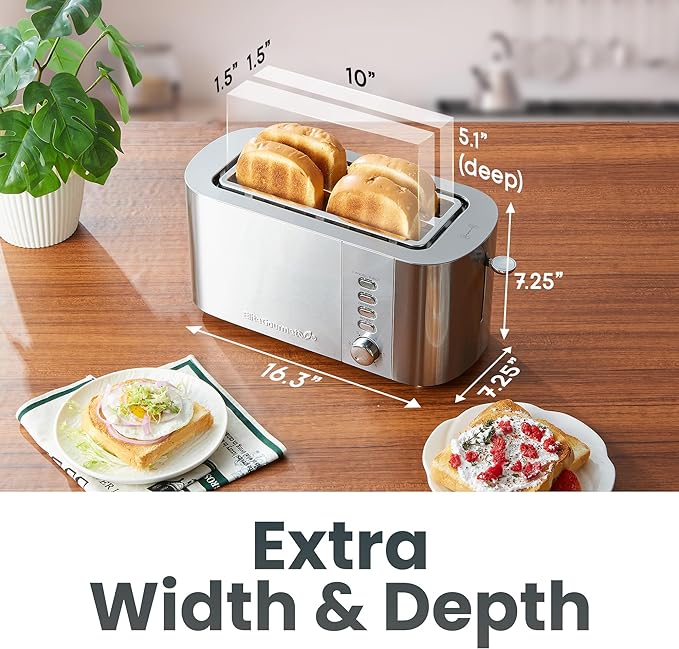 Elite Gourmet ECT4123 Long Slot 4 Slice Toaster, Extra Wide 1.5" and 5.1" Deep