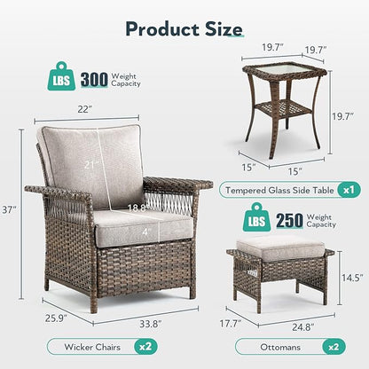 5 Pieces Wicker Patio Furniture Set - Hollow Widen Armrests Outdoor Rattan Chairs with Ottomans and Side Table, Small Patio Convention Set for Balcony Porch Deck and Yard - Brown/Beige
