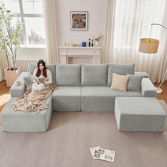 135" L-Shape Sofa with Ottoman, Modern Modular Sectional Comfy U-Shape Cloud Couch, Deep Seat, Upholstered Corduroy Sleeper Chaise Longue for Living Room Bedroom, No Assembly Required, Grey