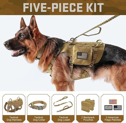 Forestpaw Tactical Dog Harness for Large Dogs,Tactical Dog Collar with Bungee Leash Set,No Pull Military Dog Harness for Walking Training,Adjustable for Medium Large Dogs,Khaki,Chest 27-40"