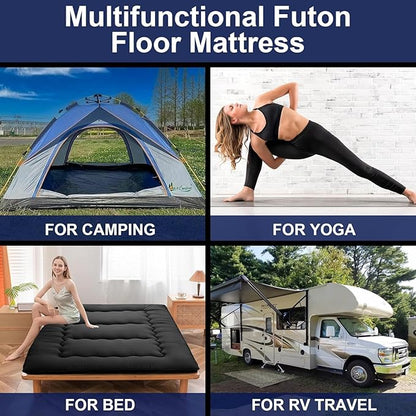 Japanese Floor Mattress,Thicken Japanese Floor Sleeping Pad Foldable,Roll Up Tatami Mat Easy to Store and Portable,Futon Mattress Suitable for Camping and Guest Room (Black, Queen (80" X 60"))