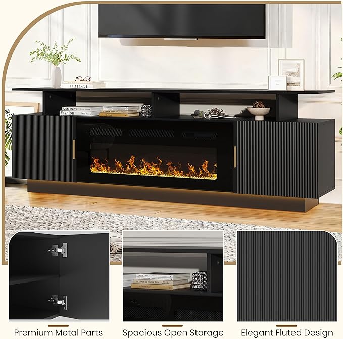 70” Fluted TV Stand with 36” Electric Fireplace, 2 Tier TV Console Cabinet with