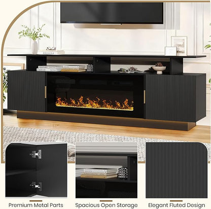 70” Fluted TV Stand with 36” Electric Fireplace, 2 Tier TV Console Cabinet with