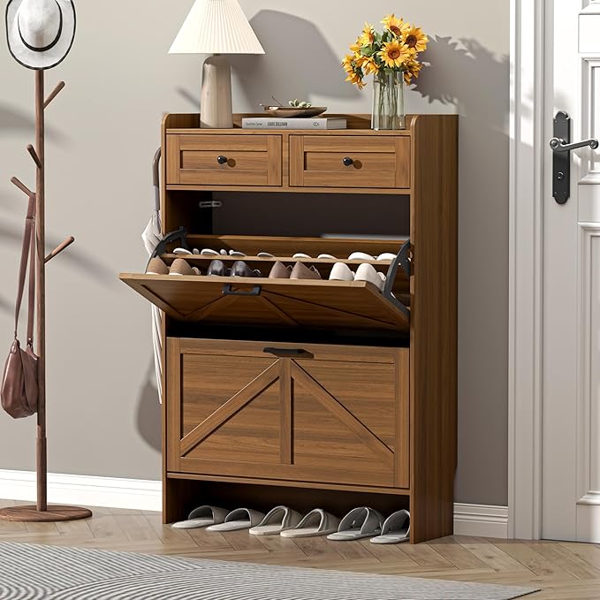 Shoe Cabinet with 2 Flip Drawers & 2 Storage Drawers, Rustic Farmhouse Narrow