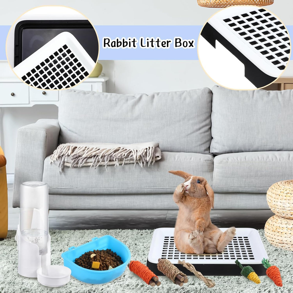 19 Pcs Rabbit Starter Kit Small Bunny Litter Box Rabbit Grooming Kit Water Bottle Bunny Toys Hay Feeder Bowl Blankets with Cleaning Set for Guinea Pig Accessories(Black,Cloud)