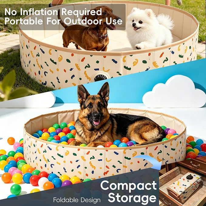 Foldable Dog Ball Pit with 64 Balls Included & Dog Pool, Portable Multifunctional Ball Pit for Dogs & Cats, Anti-Collapse Non-Slip Pet Play Pool (Beige S+64 Balls)