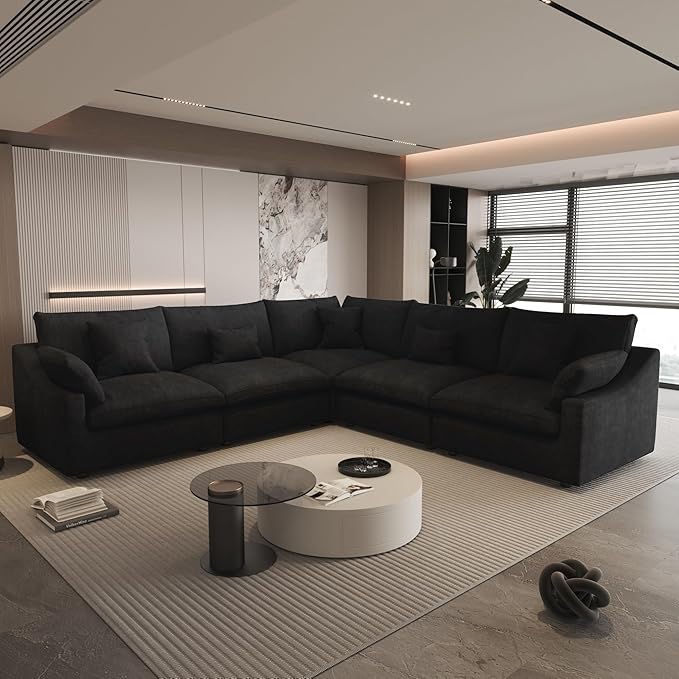 Modular Sectional Sofa,119inch V Shaped Down Filled Cloud Couch,5 Seater Convertible Sofa Living Room Set,Cover Washable and Replaceable Couches for Living Room,Black