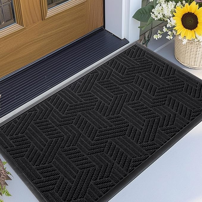 XADP Front Door Mat 29.5"x17" Indoors Outdoors Welcome Mats, Waterproof Non-Slip Rubber Backing Heavy Duty Doormat Outside Entrance, Low Profile Entryway Rugs Floor Mat for Patio, Pattern B Black