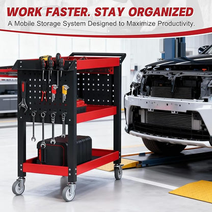 XCX 3 Tier Tool Cart on Wheels, Heavy Duty Metal Rolling with Drawers and Pegboards, 660 LBS Load Capacity Tool Storage Cart, Industrial Utility for Garage, Warehouse, Workshop