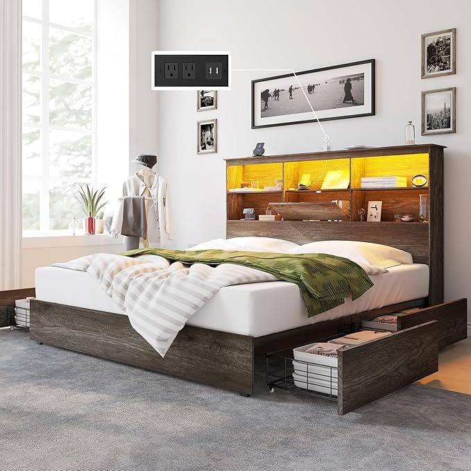 AMERLIFE King Size Bed Frame Wooden Platform Bed with 51.2" Storage LED Bookcase Headboard, 4 Storage Drawers & Charging Station/No Box Spring Needed/Noise Free/Rustic Grey