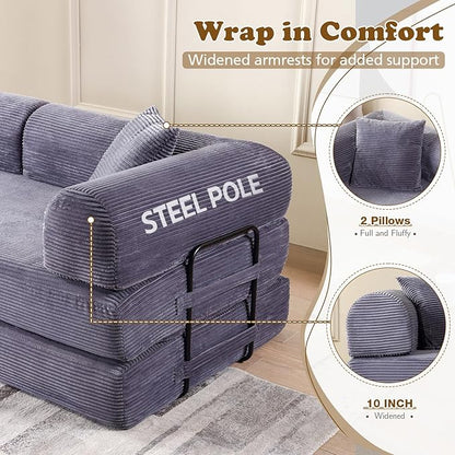 Antetek Convertible Futon Sofa Bed, 3-Seater Modern Corduroy Foam Floor King Size Bed Fold Out Sleeper Lounge Loveseat Sofa Couch with 2 Throw Pillows for Living Room Bedroom Guest Room, Light Grey