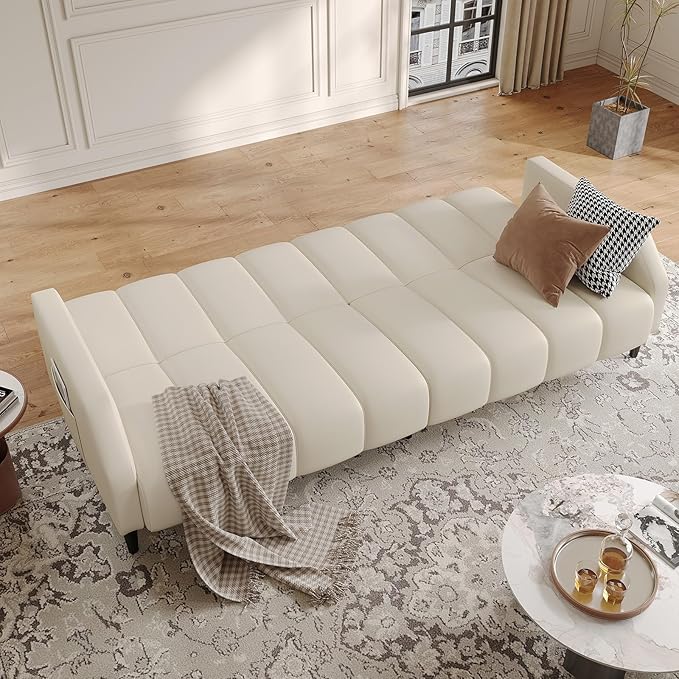 Fadware Faux Leather Couch, Convertible Futon Sofa Bed with Adjustable Backrest, Mid Century Leather Sofa Loveseat with Side Pockets& Metal Leg, Modern Leather Sleeper Sofa for Living Room Bedroom