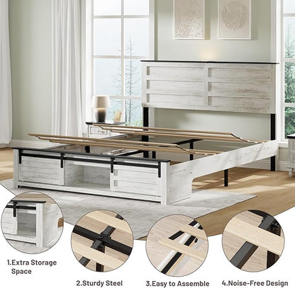 Full Size Bed Frame with Wood Headboard, Wooden Platform Bedframe with Sliding Barn Door Footboard and Charging Station Easy Assembly, No Box Spring Needed (Boho White, Full)