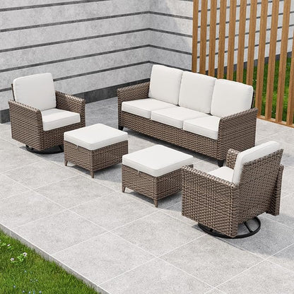 COOS BAY Harbor Retreat 5 Piece Outdoor Furniture Set, Patio Conversation Set with w/Swivel Rocking Chairs, 3 Seat Couch and Ottomans, Wicker Furniture, Brown/Beige