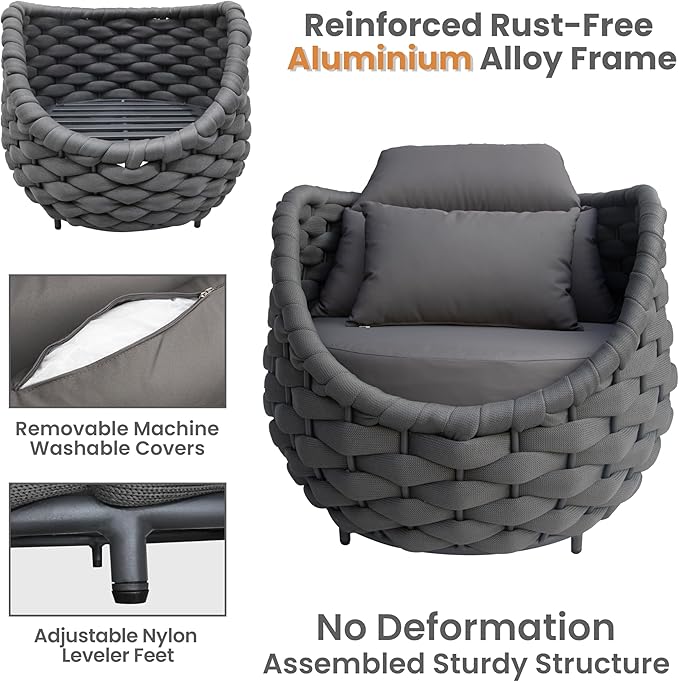 Erotr Aluminum Patio Furniture Set of 4: Woven Rope Outdoor Conversation Sofa Set Assembled - Modern Cushioned Armchair Couch Set for 660lbs Porch Deck Backyard Poolside Drawing Room Hotel, Dark Gray