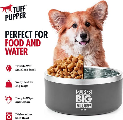 Tuff Pupper Heavy Duty Insulated Dog Bowl | Double Wall Stainless Steel Dog Food Dish | Non-Slip Spill Proof Dishwasher Safe Cat Bowl | Water Dish for Feeding Large Medium Small Pets (66oz, Grey)