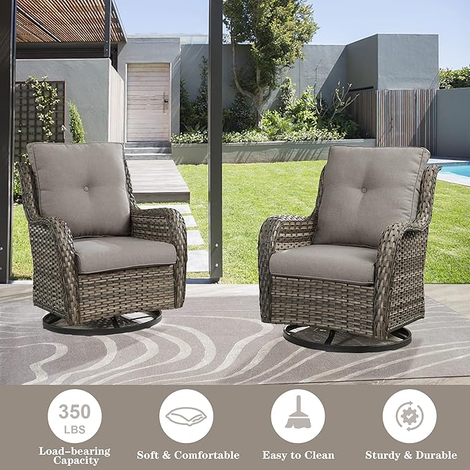 Belord Outdoor Wicker Furniture Patio Set - 7 Piece Backyard Furniture Grey Rattan Conversation Sets with Swivel Rocker Chairs, Rattan Sofa, Club Chairs and Coffee Table, Grey Cushion