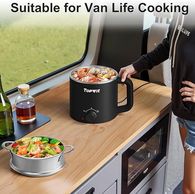 Topwit Hot Pot Electric with Steamer, 1.6L Ramen Cooker, Electric Pot