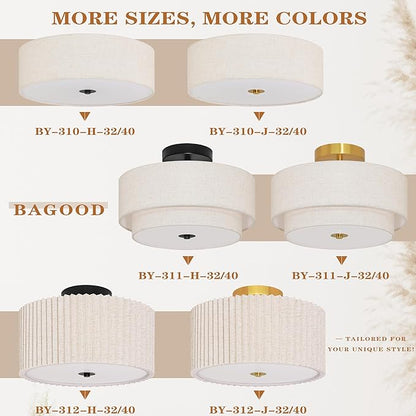 2 Light Semi Flush Mount Ceiling Light Fixture 12.6 Inch Modern Gold Drum Lights Fixture with 2-Layer Fabric Shade Dimmable Close to Ceiling for Living Room Hallway Bedroom Entryway