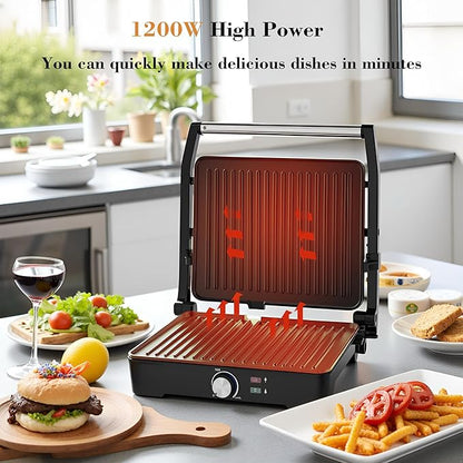 Panini Press, Sandwich Press Grill, 180 Degree Open, Non-Stick Grill, Table