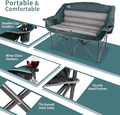 LANMOUNTAIN Fully Padded Folding Double Camping Chairs,Comfy Oversized Loveseat Lawn Chair w/Wine Glass Holder,Cup Holder,Heavy Duty Outdoor Portable Camp Couch Support 600 Lbs,Dark Green