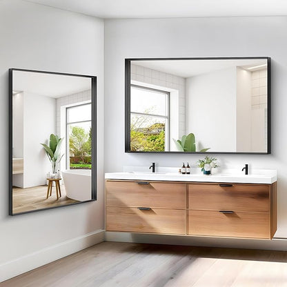 Black Bathroom Mirror, 42x42 Inch Rectangular Framed Mirror, Large Wall Mounted