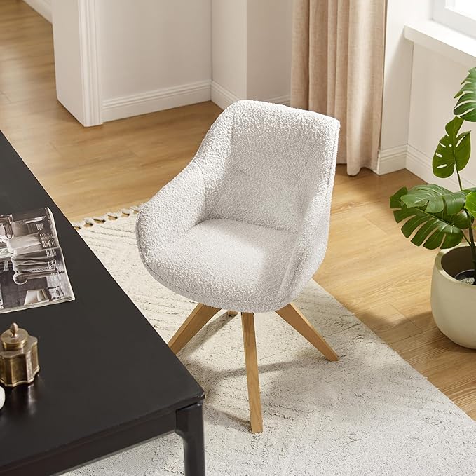Art Leon Swivel Accent Chair - Mid Century Modern Desk Chair No Wheels, Boucle Fabric Upholstered Armchair with Natural Oak Wood Lges, White