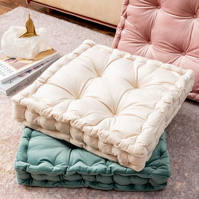 cuyfomr Floor Pillow, Square Floor Seating Pillow Cushion with Handle Thicken Portable Velvet Floor Pillow Cushion for Yoga Living Room Bedroom Home Decor (Beige,16.5×16.5×3.54in)