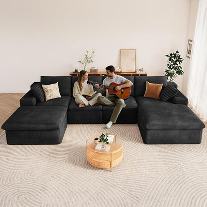 136" Cloud Modular Sectional Sofa with 1 Ottoman, Deep Seat Boneless Couch, Modern Upholstered Corduroy Couches, Comfort U Shaped Sofa for Living Room, No Assembly Required(Black,Right Facing Chaise)