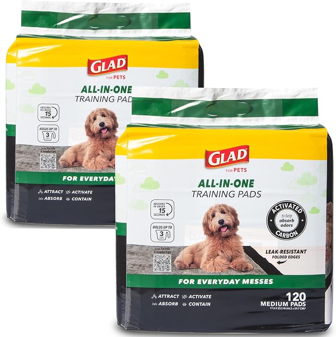 Glad for Pets Black Charcoal Puppy Pads - Super Absorbent Disposable Dog Pee Pads, Potty Training Pads, and Pet Supplies - Grey Dog Pee Pads for Crate Training and Indoor Use 17.5" x 23.5" - 120 Count