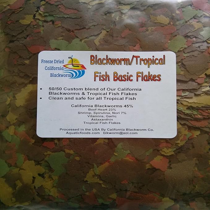 Aquatic Foods Inc. Flakes - 45% California Blackworm & Tropical Flake Mix for Discus, Cichlids, Tetras, Guppies, Live Bearers, Pond Fish, All Community Tropical Fish Premium AF Flakes - 1-lb