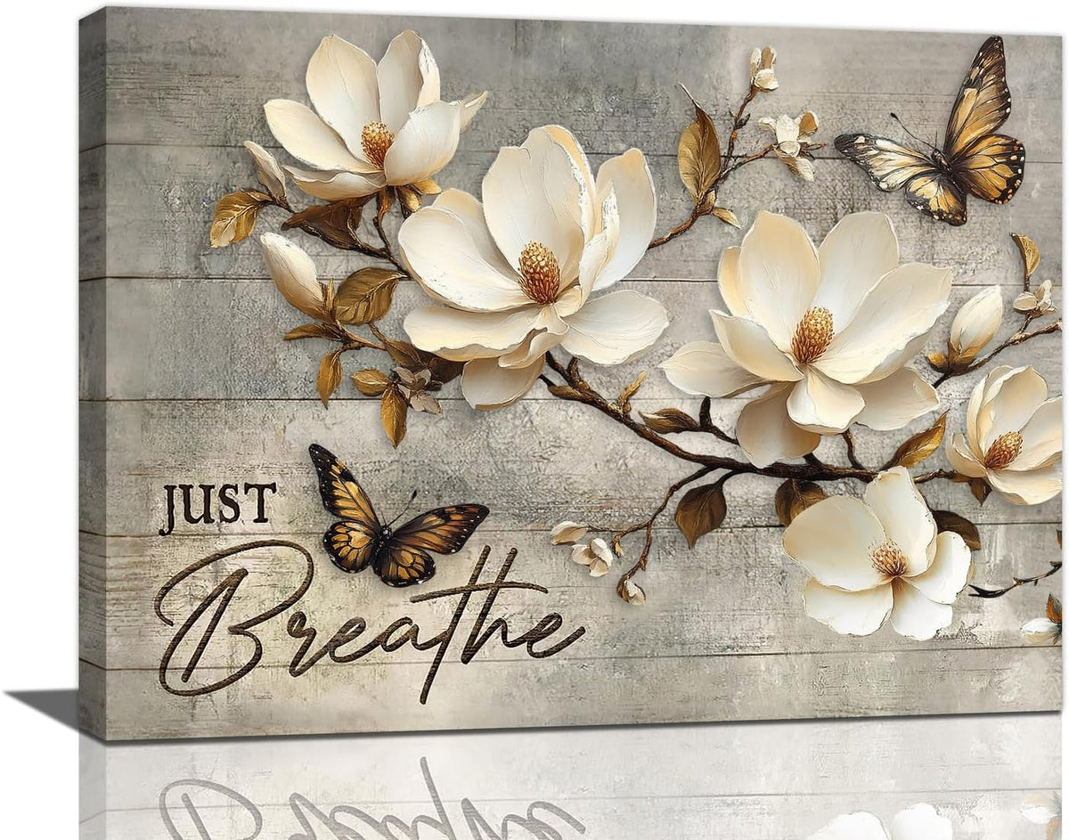 Floral Magnolia Bathroom Pictures Wall Art, Just Breathe Bathroom Wall Decor, Flower Butterfly Framed Painting Canvas Artwork for Bedroom Living Room Decorations 16"L x 12"W