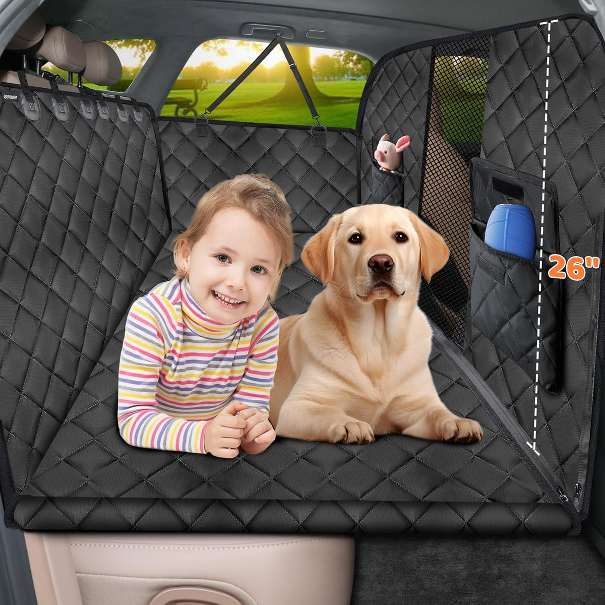 URPOWER High Barrier Back Seat Extender for Dogs, Hard Bottom Dog Car Seat Cover Holds 400 lbs, Waterproof Dog Hammock for Cars, SUV, Small Truck, Dogs Car Bed Pet Backseat Protector with Mesh Window