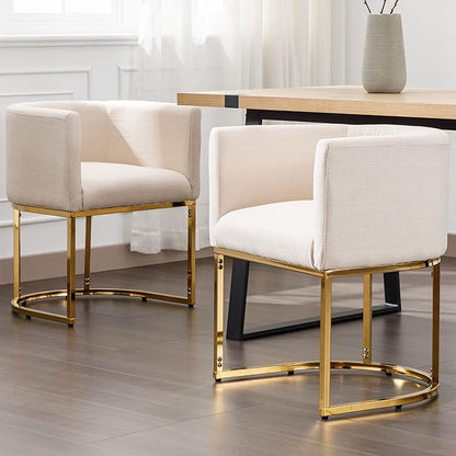 VESCASA Linen Upholstered Dining Chair with Barrel Back, Mid Century Modern Padded Restaurant Chair with Gold Metal Frame for Kitchen, Dining Room, 1 Piece, Cream