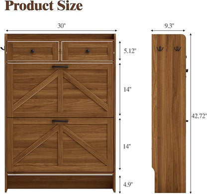 Shoe Cabinet with 2 Flip Drawers & 2 Storage Drawers, Rustic Farmhouse Narrow