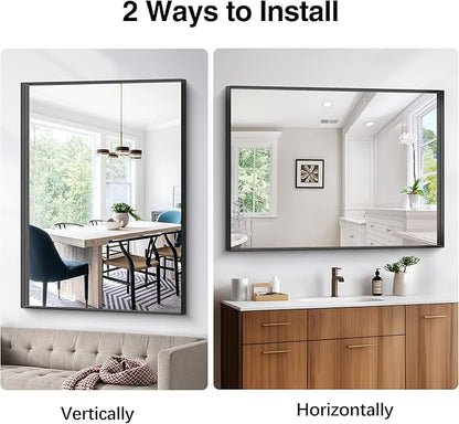 Black Bathroom Mirror, 36x48 Inch Rectangular Deep Frame Mirror, Large Wall